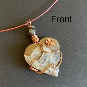 Natural Polished Ammonite Heart Fossil Copper Wrapped Necklace Womens Jewelry